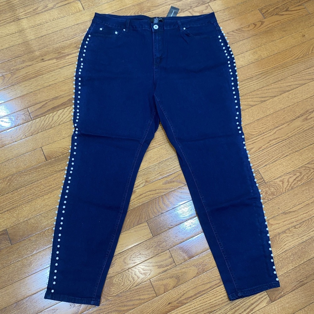 Ashley Stewart Blue Jeans Size 22 Skinny Pearl Trim Side Embellished